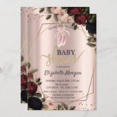 ダークフラワーバレエシューズバラ金ゴールドベビーシャワー 招待状 (正面/裏面)