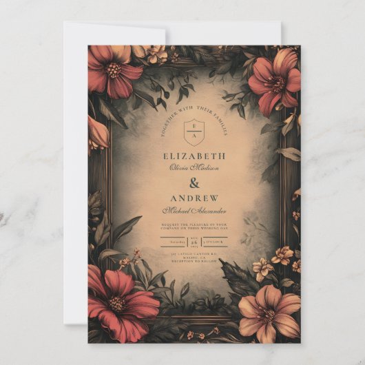 ダークフローラアールヌーボー結婚式招待状 招待状 (正面)