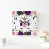 ダークフローラグラム金ゴールドグリッターユニコーントレンディーキュート スクエア壁時計 (ホーム)