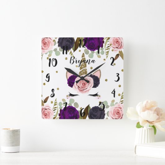 ダークフローラグラム金ゴールドグリッターユニコーントレンディーキュート スクエア壁時計 (ホーム)