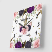 ダークフローラグラム金ゴールドグリッターユニコーントレンディーキュート スクエア壁時計 (傾斜)