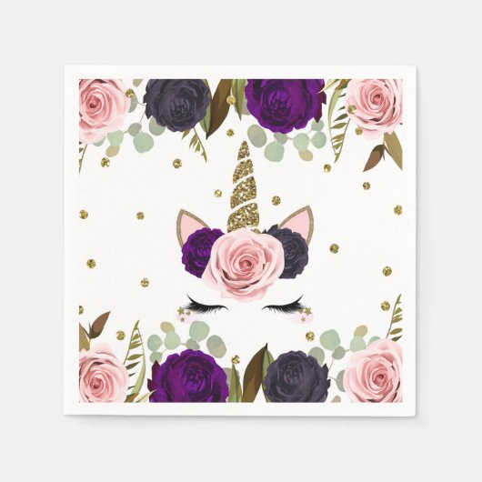ダークフローラグラム金ゴールドグリッターユニコーン誕生日 スタンダードカクテルナプキン (正面)