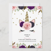 ダークフローラグラム金ゴールドグリッターユニコーン誕生日 招待状 (裏面)