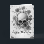 ダークフローラゴシックバラスカル誕生日 カード<br><div class="desc">美しいバラととげのある枝のハローに囲まれた不気味な不気味なスカルの暗いゴシック色の黒と白のイラストレーション。</div>