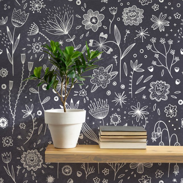 ダークフローラシャルボードグレーボタニカル 壁紙 (Chalkboard flowers  otanical slate gray art wallpaper)