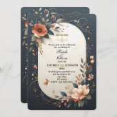 ダークフローラネイビーアンドピーチ結婚式招待状 招待状 (正面/裏面)