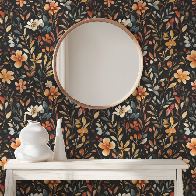 ダークフローラミッドナイトガーデンムーディボタニカルブラック 壁紙 (Dark Floral Midnight Garden Moody Botanical Black Wallpaper)