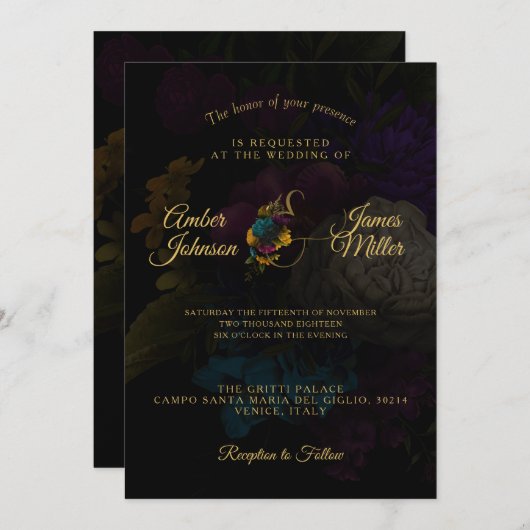 ダークフローラムーディモノグラム結婚式招待状 招待状 (正面/裏面)