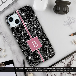 ダークフローラルパターンブラックピンクスケッチモノグラム iPhone 15 MINIケース
