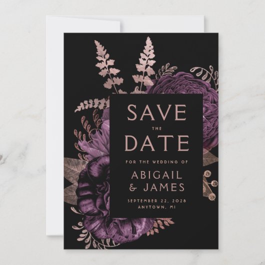 ダークフローラルパープルローズゴールドウェディング日付を保存 招待状 (正面)