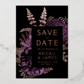 ダークフローラルパープルローズゴールドウェディング日付を保存 箔招待状 (正面)