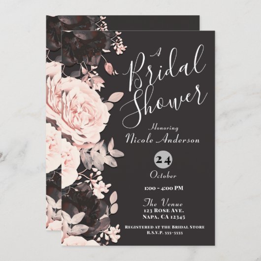 ダークフローラ赤面ピンクチャコールグレーブライダルシャワー 招待状 (正面/裏面)