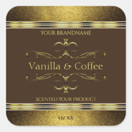 ダークブラウンおよび金ゴールド縁どグリッター製品ラベル スクエアシール