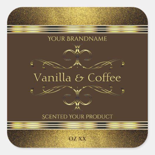 ダークブラウンおよび金ゴールド縁どグリッター製品ラベル スクエアシール (正面)