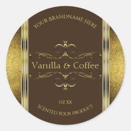 ダークブラウンおよび金ゴールド縁どグリッター製品ラベル ラウンドシール