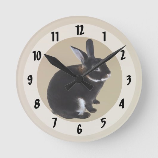ダークブラウンとホワイトミニレックスウサギ ラウンド壁時計 (正面)