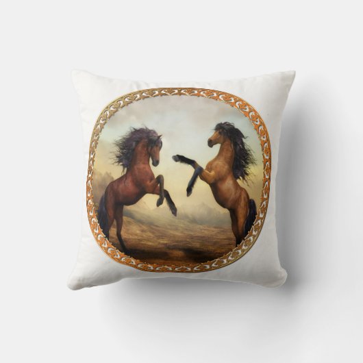 ダークブラウンとライトブラウンのフリシア荷車を引くの馬 クッション (裏面)