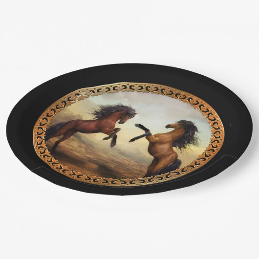 ダークブラウンとライトブラウンのフリシア荷車を引くの馬 ペーパープレート (アングル)