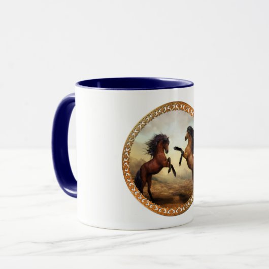 ダークブラウンとライトブラウンのフリシア荷車を引くの馬 マグカップ (正面左)