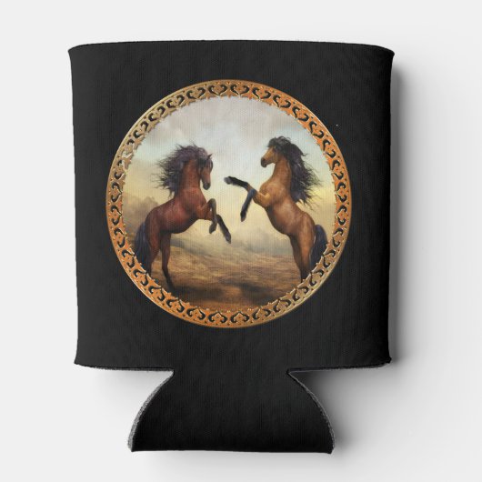 ダークブラウンとライトブラウンのフリシア荷車を引くの馬 缶クーラー (裏面)