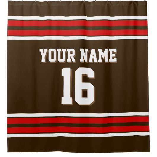ダークブラウンと赤い白いスストライプポーツジャージー シャワーカーテン (正面)