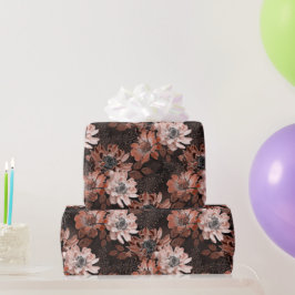 ダークブラウンのクリーム、テラコッタの花 ラッピングペーパー