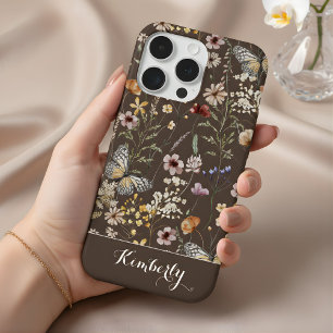 ダークブラウンの水彩野の花パターン名 iPhone 15 PROケース