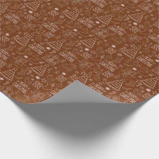 ダークブラウンの白いクリスマスアウトライン ラッピングペーパー (角)