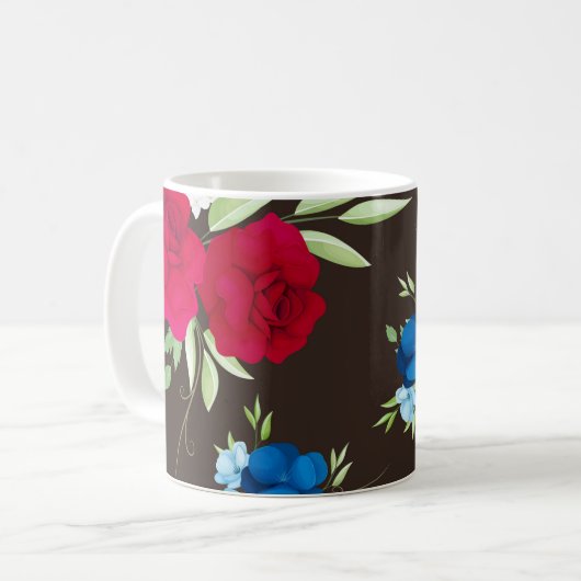 ダークブラウンの背景にエレガントな赤と青の花柄 コーヒーマグカップ (正面左)