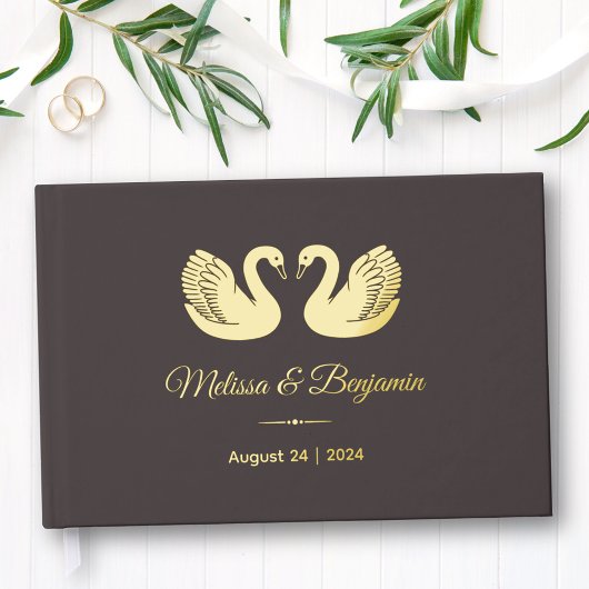 ダークブラウンの金箔のスワ結婚ン ゲストブック