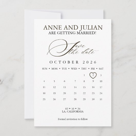 ダークブラウンのSave the date カードカレンダーと写真 (正面)