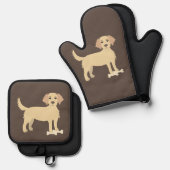 ダークブラウンオーブンミット&ポットホルダー(イエロー・ラブラドール・レトリーバー付) 鍋つかみ&鍋敷きセット (正面/裏面)