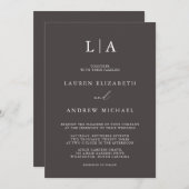 ダークブラウンシンプルモノグラム結婚ミニマリスト 招待状 (正面/裏面)