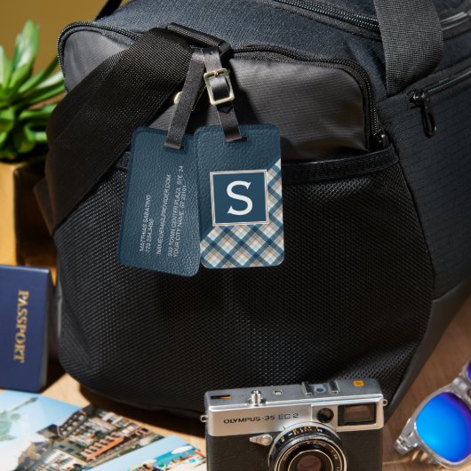 ダークブラウンティール（緑がかった色）ブルークラッシーシンプルプレイドパターン ラゲッジタグ (正面&裏面)