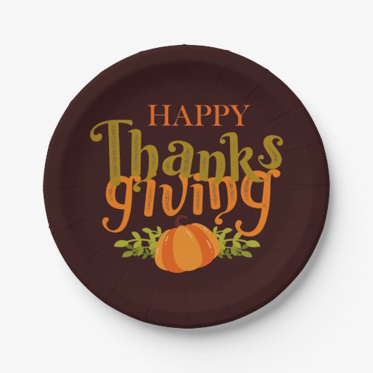ダークブラウンハッピー感謝祭秋イエローカボチャ ペーパープレート (正面)