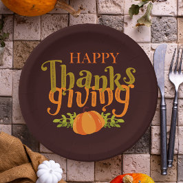 ダークブラウンハッピー感謝祭秋イエローカボチャ ペーパープレート