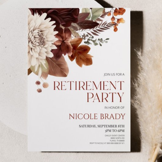ダークブラウンブルゴーニュフローラフラワーリタイアメントパーティー 招待状