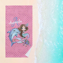 ダークブラウンヘアマーメイド名前をカスタムするガールピンク ビーチタオル