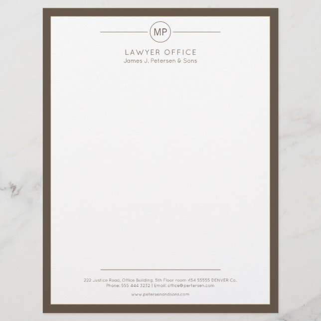 ダークブラウンモダンホワイトモノグラム弁護士 レターヘッド (正面)