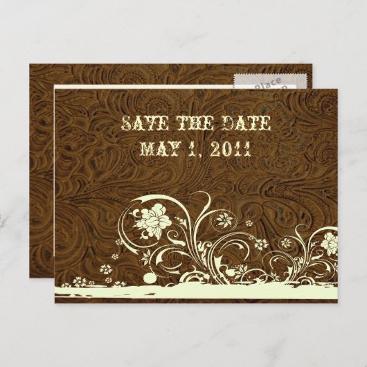 ダークブラウン工具付きレザー日付を保存 案内ポストカード (正面/裏面)