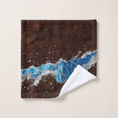 ダークブラウン木材とブルー抽象芸術デジタルアート バスタオルセット (ウォッシュタオル)