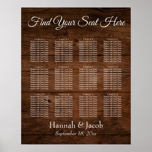 ダークブラウン木材、ウェディングレセプションシーティングチャート ポスター (正面)