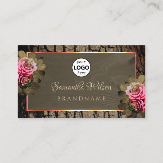 ダークブラウン木粒ピンクローズツリーバークロゴ 名刺 (正面)