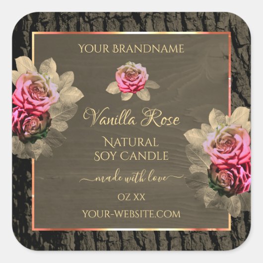 ダークブラウン木粒ピンクローズ製品ラベル スクエアシール (正面)