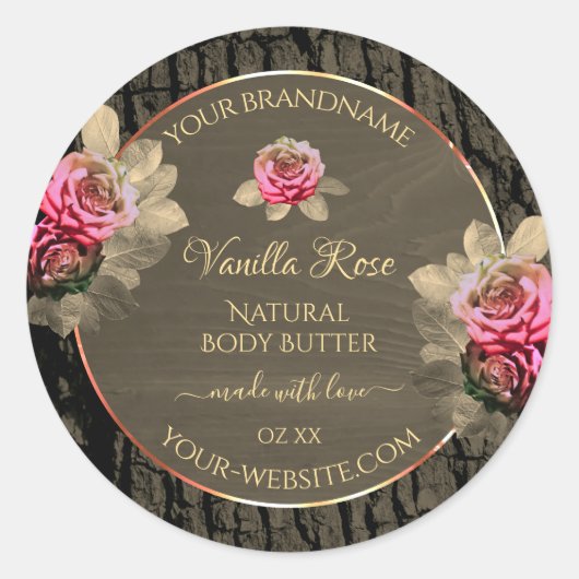 ダークブラウン木粒ピンクローズ製品ラベル ラウンドシール (正面)