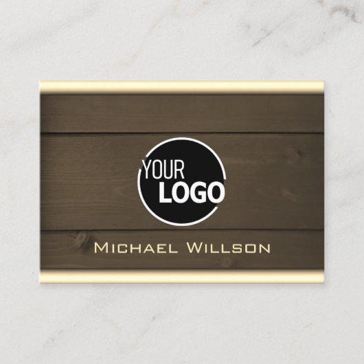 ダークブラウン木製ボード木目ルック追加ロゴ 名刺 (正面)