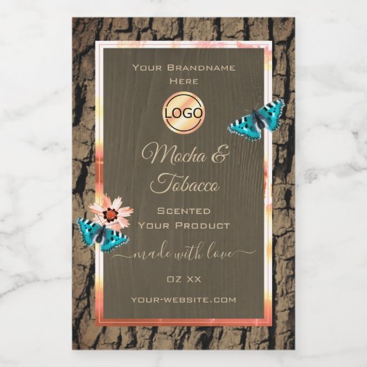 ダークブラウン木製品ラベル蝶とロゴ フードラベル (シングルラベル)