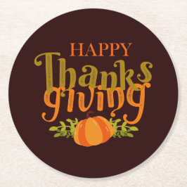 ダークブラウン秋ハッピー感謝祭イエローパンプキン ラウンドペーパーコースター
