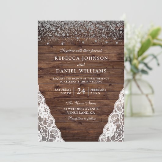 ダークブラウン素朴ウッドレース結婚式招待状 招待状 (スタンド正面)