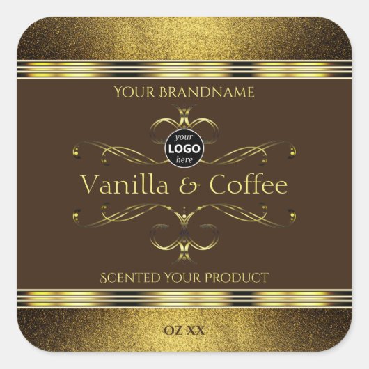 ダークブラウン金ゴールド縁どグリッター製品ラベルロゴ スクエアシール (正面)